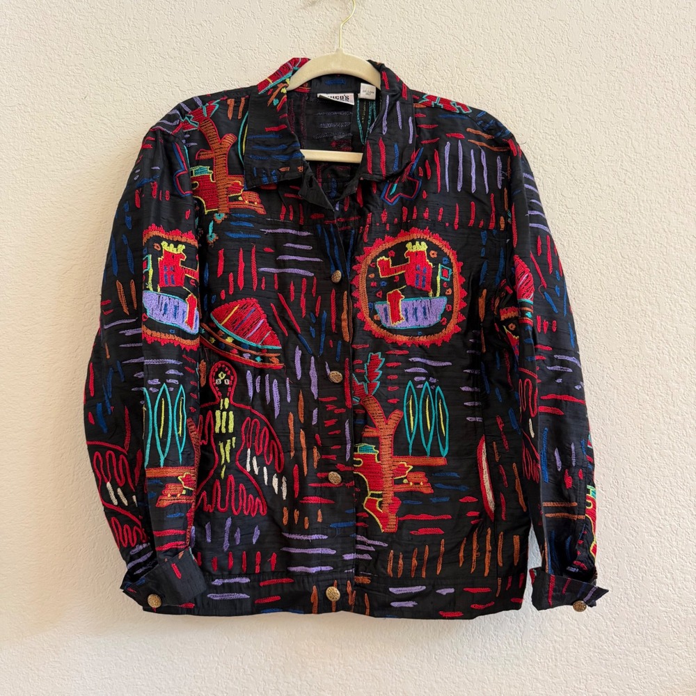 Chicos Design Silk Rayon Embroidered Art to Wear Jacket Black Multi Size 2